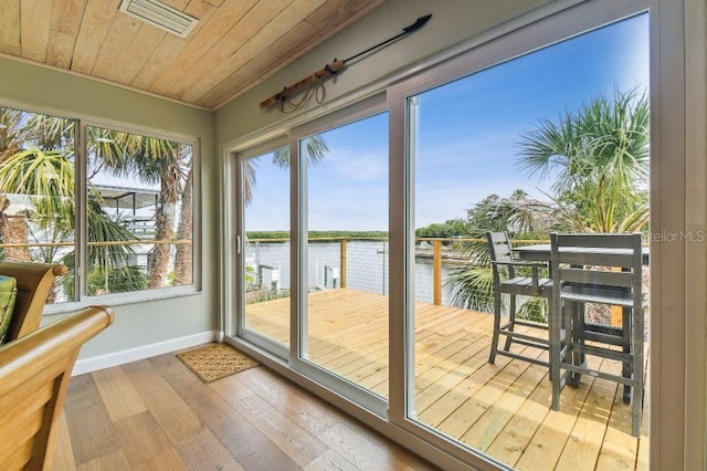 3285 Minnow Creek Dr, Hernando Beach, FL 34607 - sunroom / solarium with a water view, baseboards, plenty of natural light, hardwood / wood-style flooring, and wood ceiling