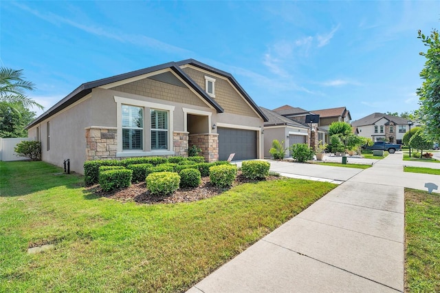 11314 American Holly Dr, Riverview, FL 33578 - craftsman inspired home featuring stone siding, driveway, an attached garage, a residential view, and stucco siding