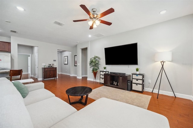 11314 American Holly Dr, Riverview, FL 33578 - living room with a ceiling fan, recessed lighting, wood finished floors, and baseboards