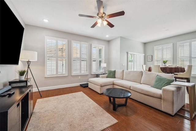 11314 American Holly Dr, Riverview, FL 33578 - living area featuring a ceiling fan, dark wood-type flooring, baseboards, and recessed lighting
