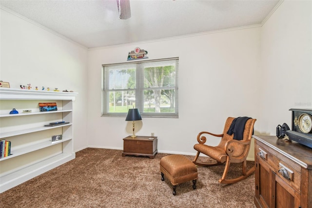 17801 Simmons Rd, Lutz, FL 33548 - sitting room with carpet, ornamental molding, a ceiling fan, a wood stove, and baseboards