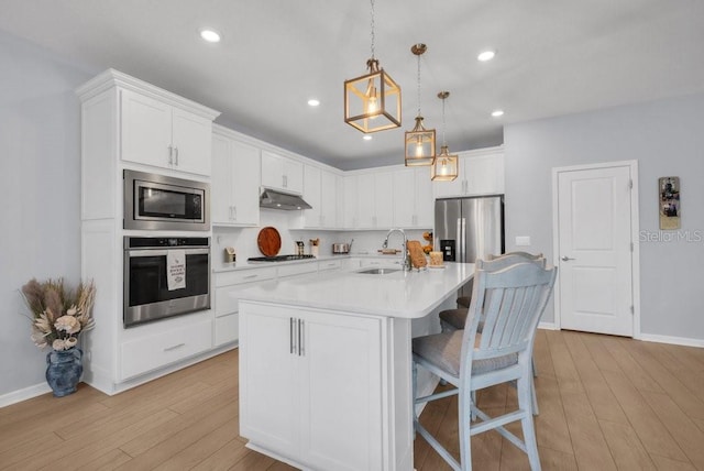 2781 Dolores Home Ave, Valrico, FL 33594 - kitchen with stainless steel appliances, under cabinet range hood, light wood-style floors, light countertops, and white cabinetry