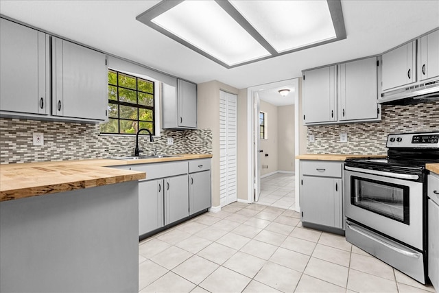 3331 Lime Tree Dr, Edgewater, FL 32141 - kitchen featuring stainless steel electric stove, under cabinet range hood, a sink, butcher block countertops, and gray cabinetry
