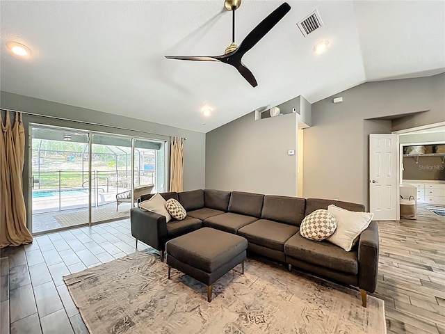 1199 E Mckinley St, Hernando, FL 34442 - living room with a ceiling fan, lofted ceiling, wood finished floors, and recessed lighting