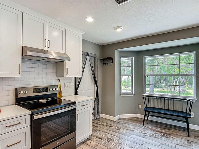 1199 E Mckinley St, Hernando, FL 34442 - kitchen with stainless steel range with electric cooktop, under cabinet range hood, light countertops, tasteful backsplash, and white cabinets