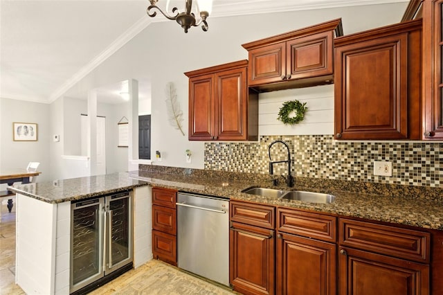 4419 Longshore Dr, Land O Lakes, FL 34639 - kitchen featuring dishwasher, a sink, beverage cooler, a peninsula, and dark stone countertops