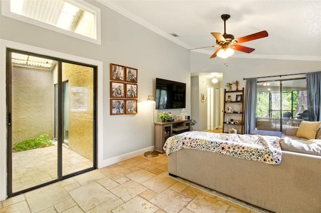4419 Longshore Dr, Land O Lakes, FL 34639 - living room with ceiling fan, stone tile floors, baseboards, crown molding, and high vaulted ceiling