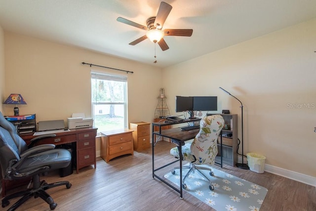 3642 Fantasy Way, Brooksville, FL 34604 - office area featuring light wood-style flooring, ceiling fan, and baseboards