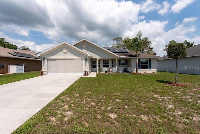 3642 Fantasy Way, Brooksville, FL 34604 - ranch-style home with a porch, an attached garage, solar panels, concrete driveway, and a front yard