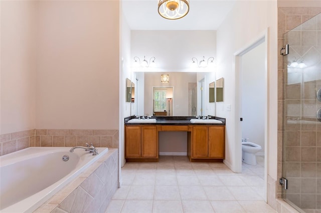 9908 Alafia River Ln, Gibsonton, FL 33534 - full bath featuring a stall shower, double vanity, a garden tub, a bidet, and tile patterned floors