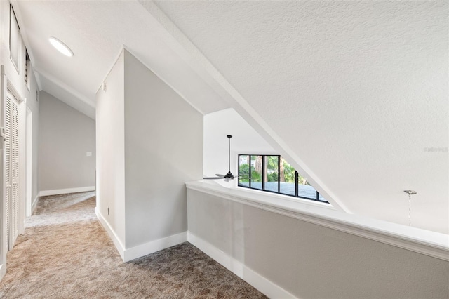22004 Dupree Dr, Land O Lakes, FL 34639 - hallway featuring vaulted ceiling, carpet flooring, baseboards, and a textured ceiling