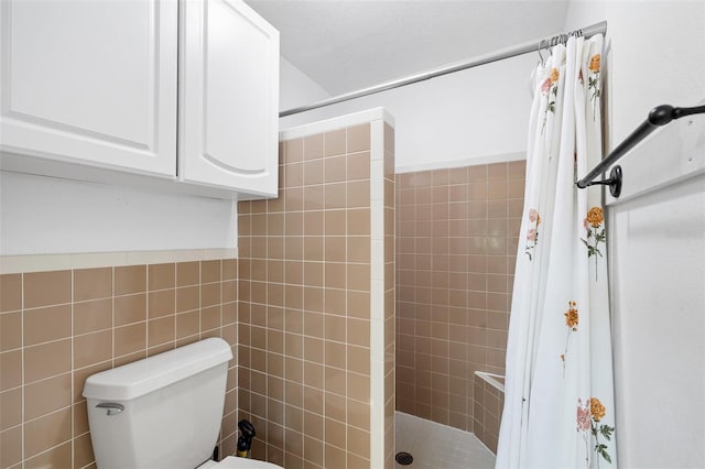 22004 Dupree Dr, Land O Lakes, FL 34639 - bathroom with a tile shower, toilet, and tile walls