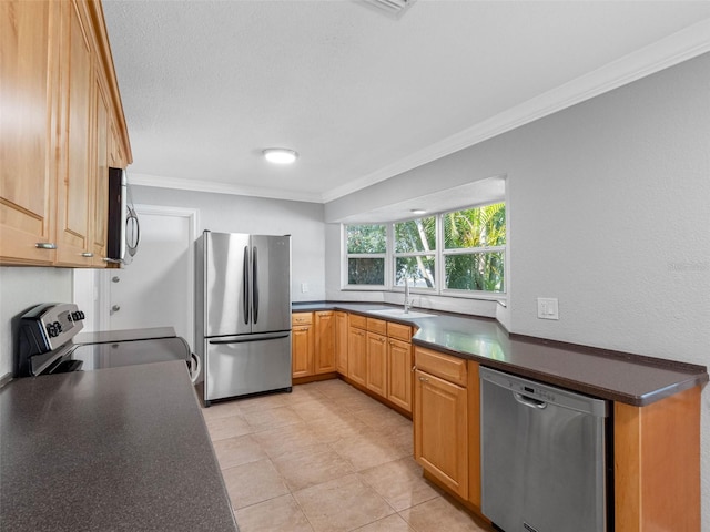 1701 38th St N, Saint Petersburg, FL 33713 - kitchen with stainless steel appliances, a sink, dark countertops, ornamental molding, and light tile patterned flooring