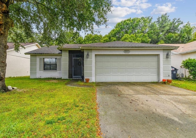 10811 Candlin Ct, Riverview, FL 33578 - ranch-style house with driveway, an attached garage, a front lawn, stucco siding, and a shingled roof