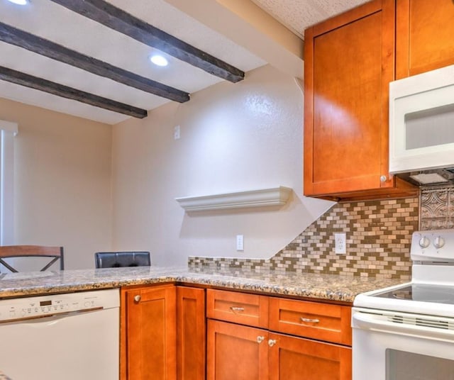 1877 Pine Cone Cir, Clearwater, FL 33760 - kitchen featuring white appliances, decorative backsplash, beamed ceiling, brown cabinets, and recessed lighting