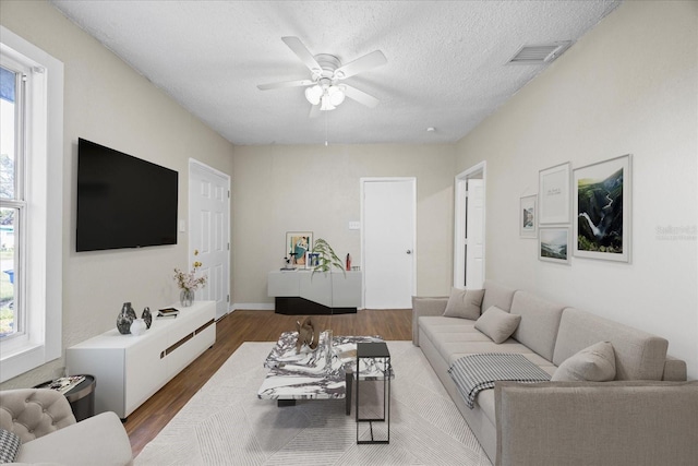 4804 N 18th St, Tampa, FL 33610 - living room with wood finished floors, healthy amount of natural light, a ceiling fan, a textured ceiling, and baseboards