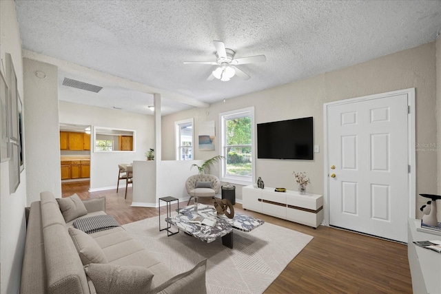 4804 N 18th St, Tampa, FL 33610 - living room with ceiling fan, wood finished floors, and a textured ceiling