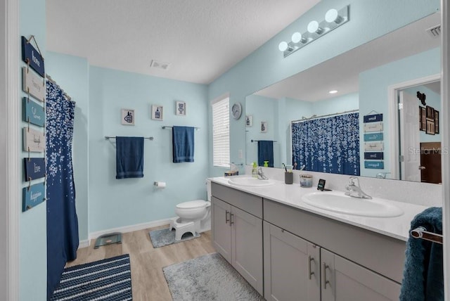 14643 Brumby Ridge Ave, Lithia, FL 33547 - full bathroom featuring wood finished floors, double vanity, toilet, baseboards, and a shower with curtain