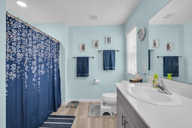14643 Brumby Ridge Ave, Lithia, FL 33547 - bathroom featuring toilet, wood finished floors, vanity, baseboards, and curtained shower