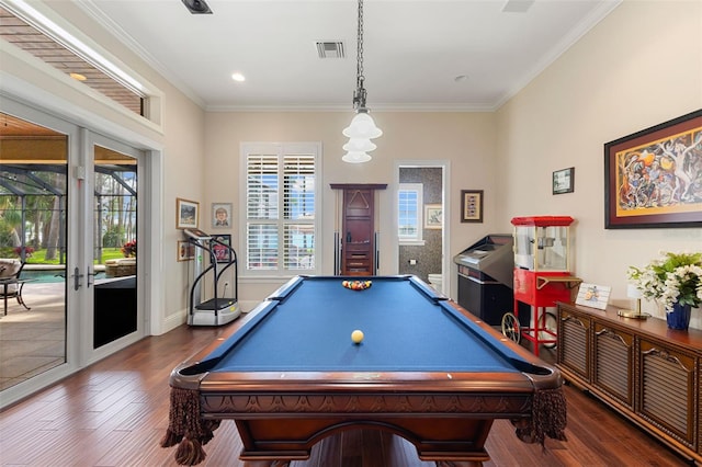 18258 Wayne Rd, Odessa, FL 33556 - rec room featuring wood finished floors, billiards, ornamental molding, baseboards, and recessed lighting