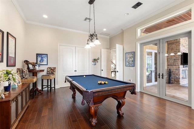 18258 Wayne Rd, Odessa, FL 33556 - rec room featuring ornamental molding, billiards table, dark wood finished floors, french doors, and recessed lighting