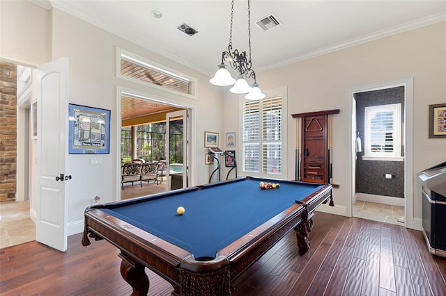 18258 Wayne Rd, Odessa, FL 33556 - recreation room featuring wood finished floors, healthy amount of natural light, crown molding, and pool table