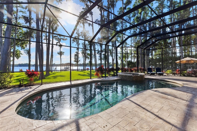 18258 Wayne Rd, Odessa, FL 33556 - view of pool with a patio, a water view, a pool with connected hot tub, a lanai, and a yard