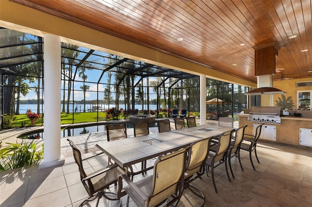 18258 Wayne Rd, Odessa, FL 33556 - view of patio / terrace featuring a water view, glass enclosure, and ceiling fan