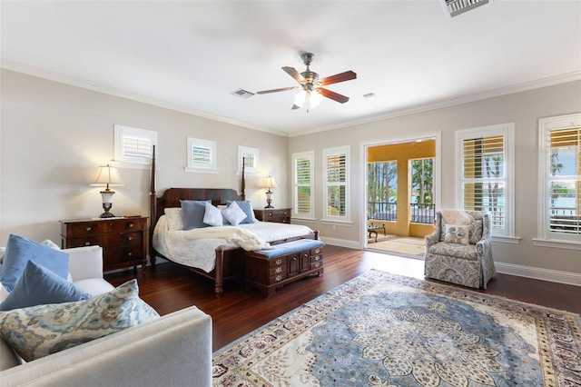 18258 Wayne Rd, Odessa, FL 33556 - bedroom featuring dark wood-style flooring, crown molding, baseboards, and a ceiling fan