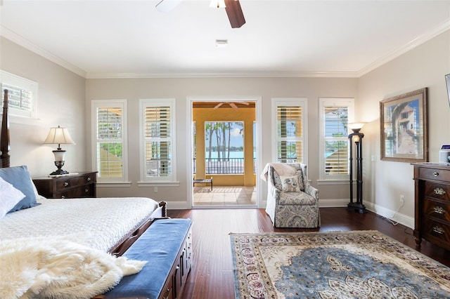 18258 Wayne Rd, Odessa, FL 33556 - bedroom with access to outside, ornamental molding, dark wood-style floors, baseboards, and ceiling fan