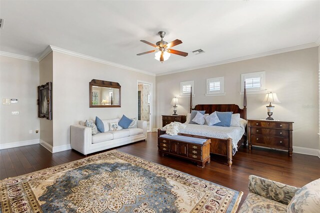18258 Wayne Rd, Odessa, FL 33556 - bedroom with hardwood / wood-style floors, baseboards, crown molding, and a ceiling fan