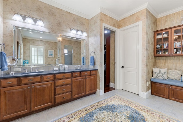 18258 Wayne Rd, Odessa, FL 33556 - bathroom featuring double vanity, ornamental molding, and baseboards