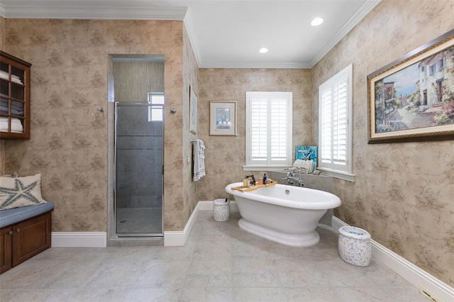 18258 Wayne Rd, Odessa, FL 33556 - bathroom featuring crown molding, baseboards, a shower stall, and recessed lighting