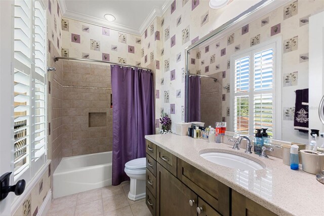 18258 Wayne Rd, Odessa, FL 33556 - bathroom with tile patterned flooring, vanity, toilet, shower / bathtub combination with curtain, and ornamental molding