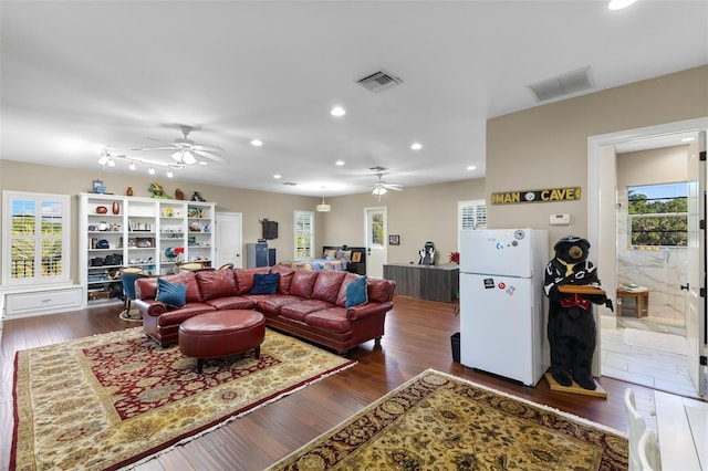 18258 Wayne Rd, Odessa, FL 33556 - living area with a ceiling fan, healthy amount of natural light, recessed lighting, and dark wood-type flooring