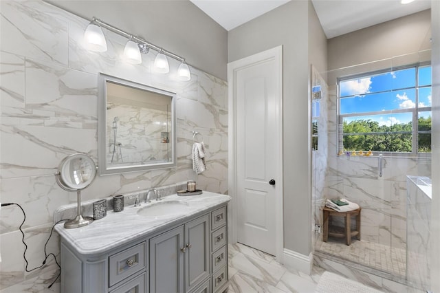 18258 Wayne Rd, Odessa, FL 33556 - bathroom with marble finish flooring, vanity, and a marble finish shower