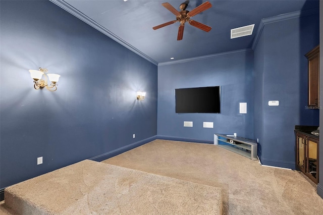 18258 Wayne Rd, Odessa, FL 33556 - home theater room with carpet flooring, ceiling fan, ornamental molding, and baseboards