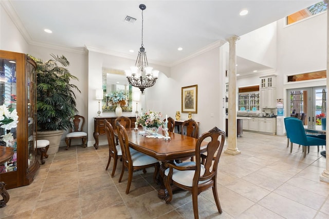 18258 Wayne Rd, Odessa, FL 33556 - dining area with recessed lighting, a chandelier, ornamental molding, decorative columns, and baseboards