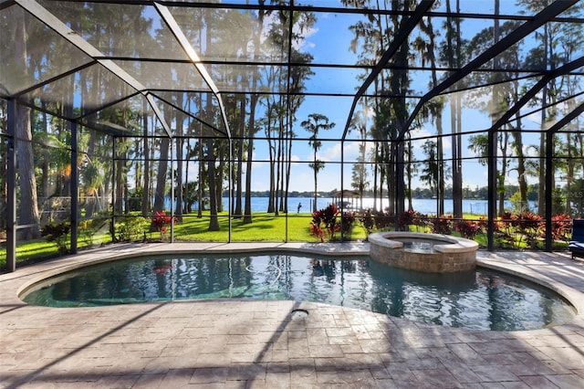 18258 Wayne Rd, Odessa, FL 33556 - view of pool with a water view, a patio, and glass enclosure