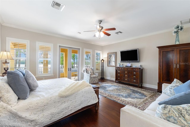 18258 Wayne Rd, Odessa, FL 33556 - bedroom with access to exterior, ornamental molding, multiple windows, baseboards, and dark wood-style flooring