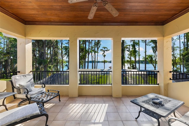18258 Wayne Rd, Odessa, FL 33556 - sunroom / solarium featuring a water view, wood ceiling, tile patterned floors, and ornamental molding