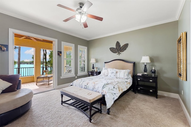 18258 Wayne Rd, Odessa, FL 33556 - carpeted bedroom featuring multiple windows, access to exterior, ornamental molding, baseboards, and a ceiling fan