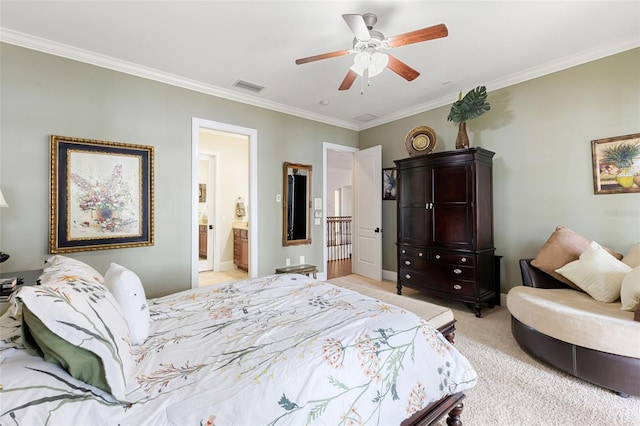 18258 Wayne Rd, Odessa, FL 33556 - bedroom featuring crown molding, light colored carpet, a ceiling fan, and ensuite bathroom