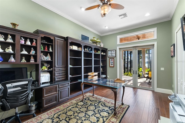 18258 Wayne Rd, Odessa, FL 33556 - office area with a ceiling fan, french doors, crown molding, baseboards, and dark wood-type flooring