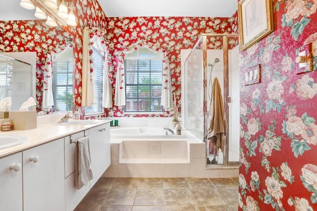 1212 Baycove Ln, Lutz, FL 33549 - full bathroom with wallpapered walls, healthy amount of natural light, a garden tub, and a shower stall