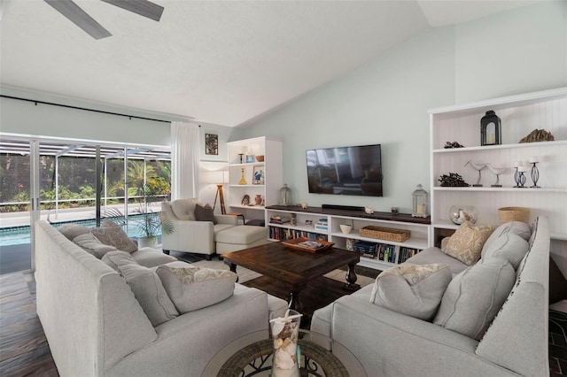 60 Lakeview Ct, Palm Harbor, FL 34683 - living room with vaulted ceiling, ceiling fan, and wood finished floors