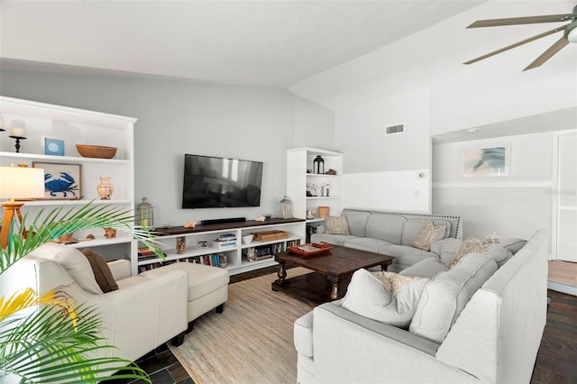 60 Lakeview Ct, Palm Harbor, FL 34683 - living room featuring ceiling fan, vaulted ceiling, and wood finished floors