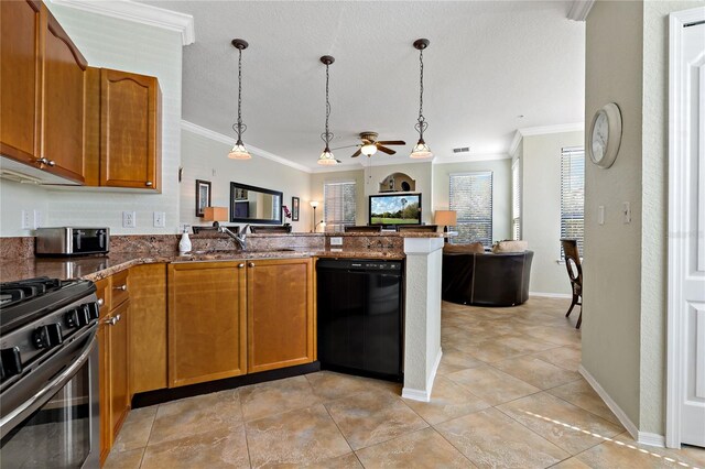 2773 Via Cipriani Unit 1310A, Clearwater, FL 33764 - kitchen with black dishwasher, stainless steel range oven, a peninsula, crown molding, and ceiling fan