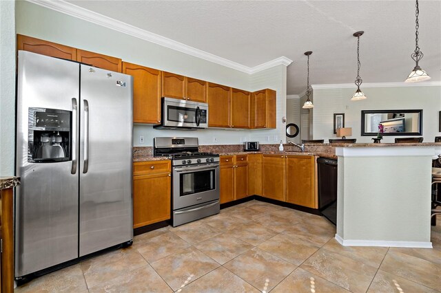 2773 Via Cipriani Unit 1310A, Clearwater, FL 33764 - kitchen featuring stainless steel appliances, ornamental molding, brown cabinetry, pendant lighting, and dark stone counters