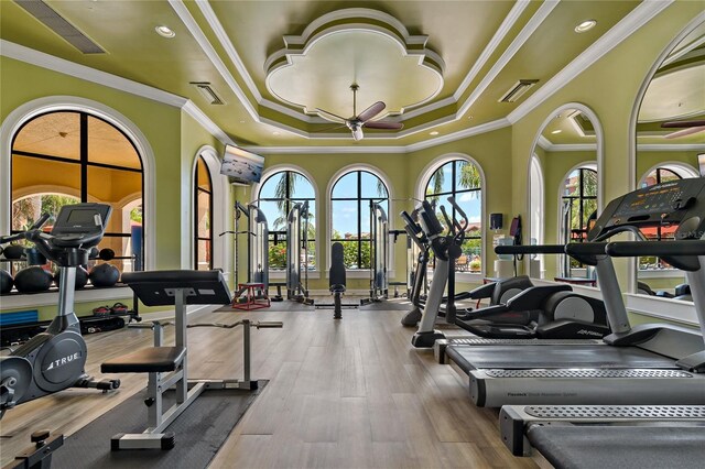 2773 Via Cipriani Unit 1310A, Clearwater, FL 33764 - workout area with a raised ceiling, crown molding, wood finished floors, and recessed lighting